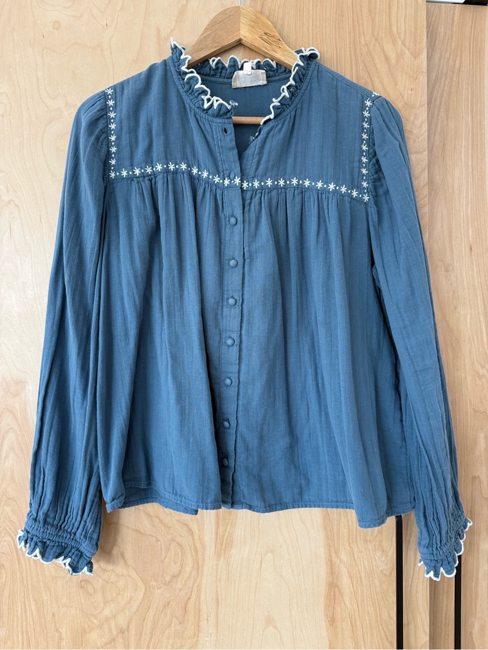 Sezane Dusty Blue Ruffle-Trim Button Blouse